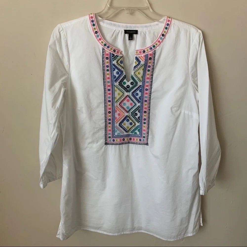 Talbots White 3/4 Sleeve Boho Embroidered Top size S